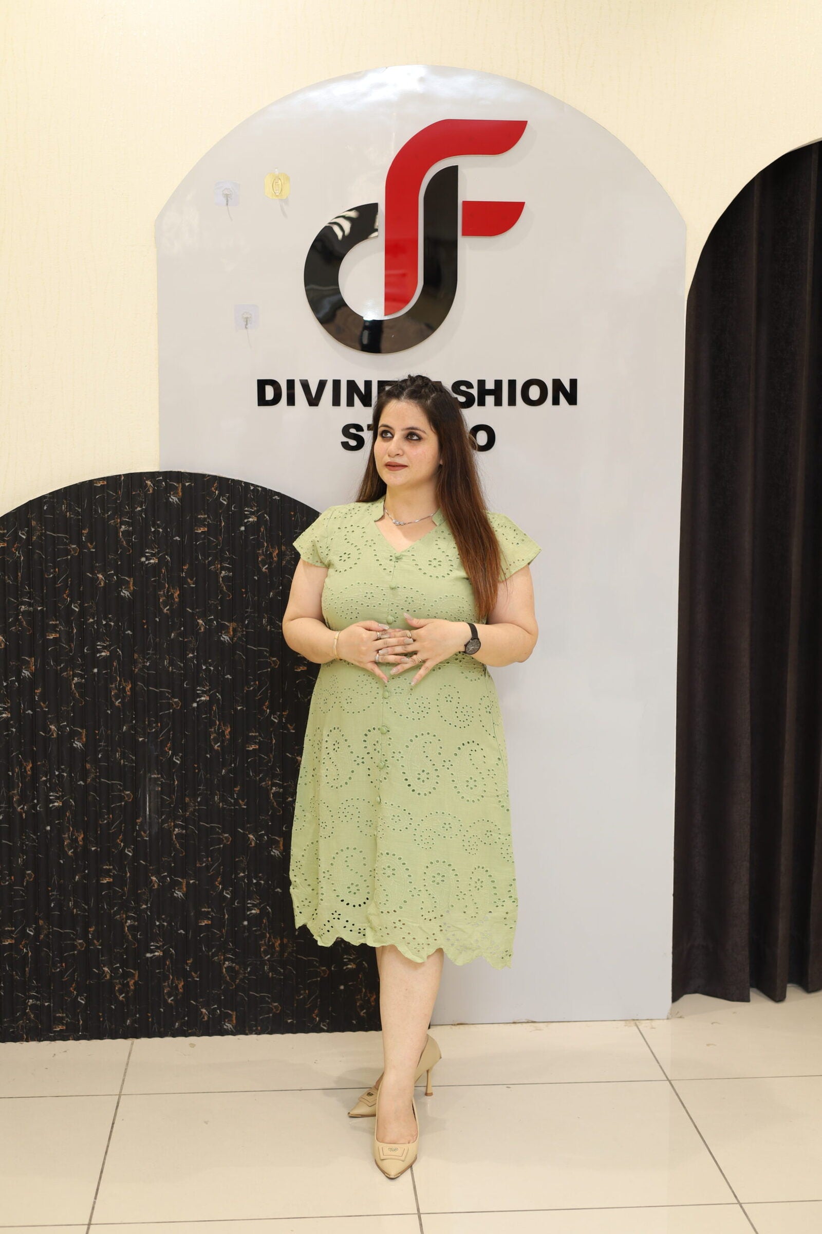 Light Green Cotton Middi Dress by Divine Fashion Studio