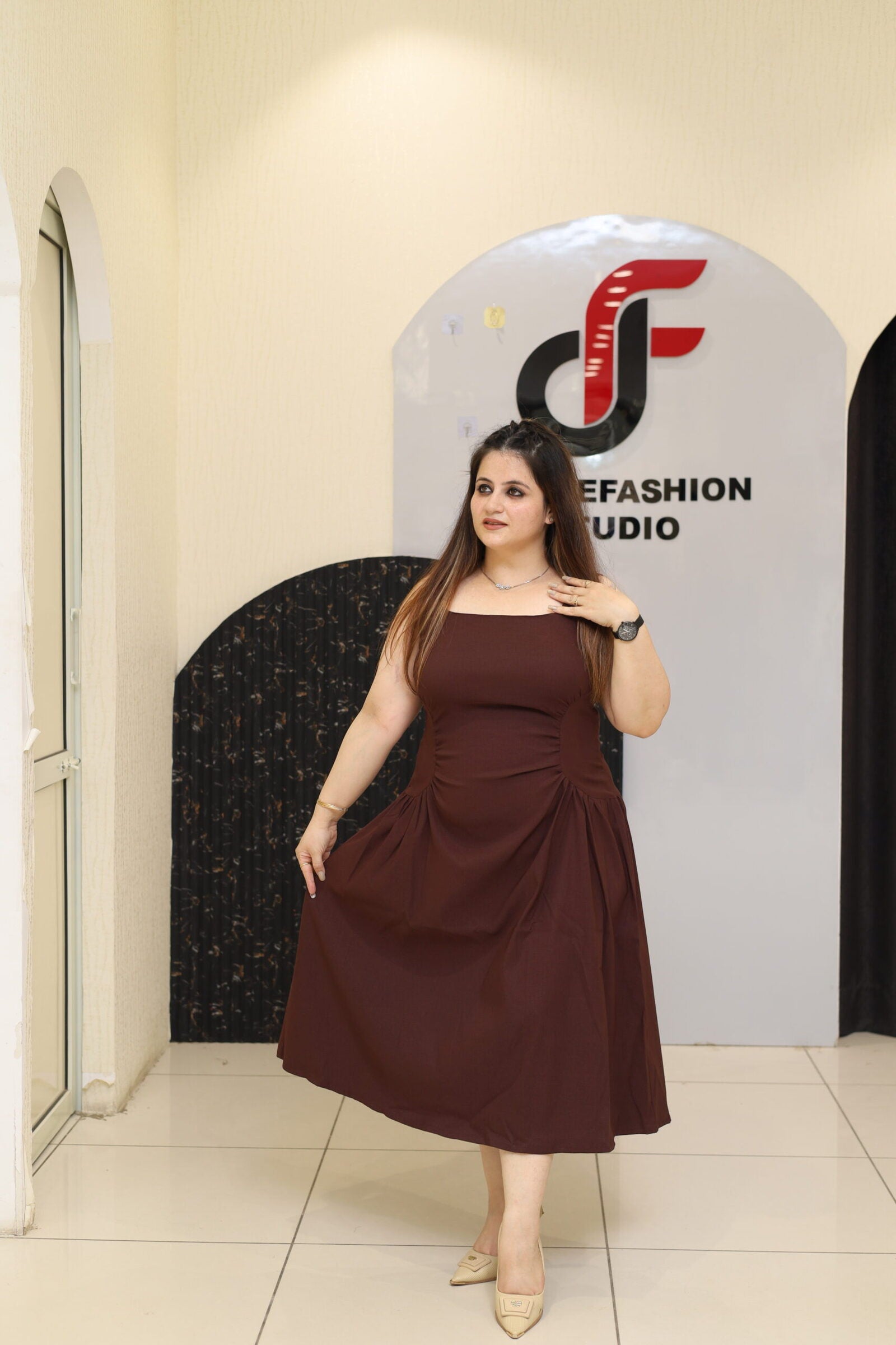Stylish maroon middi dress with a flattering silhouette and soft fabric by Divine Fashion Studio