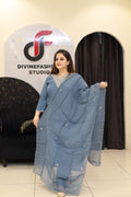 Blue Mul Chanderi Cotton Handwork Kurta Set by Divine Fashion Studio