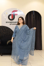 Blue Mul Chanderi Cotton Handwork Kurta Set by Divine Fashion Studio