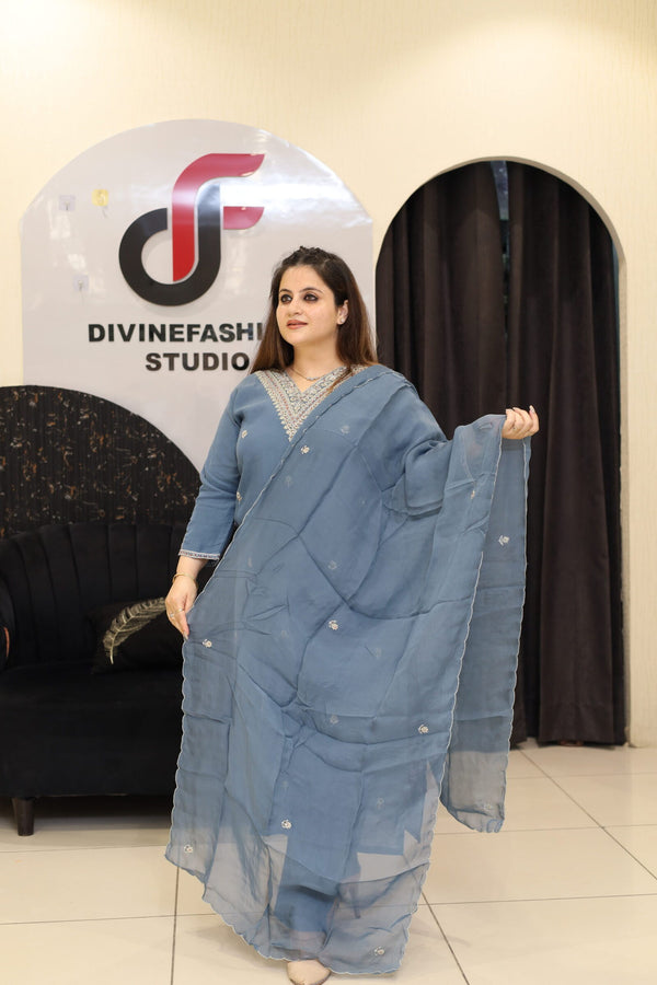 Blue Mul Chanderi Cotton Handwork Kurta Set by Divine Fashion Studio