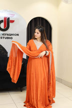 Orange Pure Chinon Handwork Anarkali Set