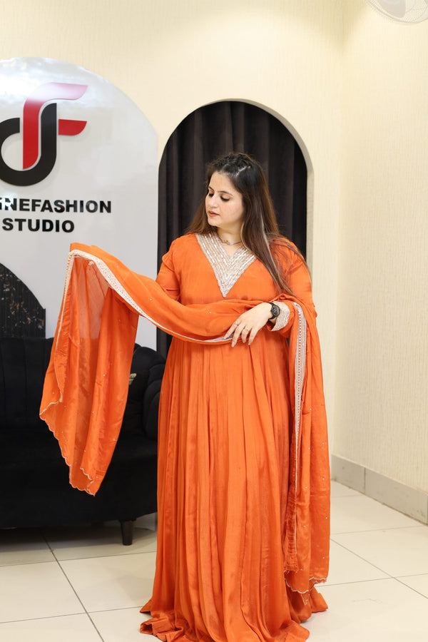 Orange Pure Chinon Handwork Anarkali Set