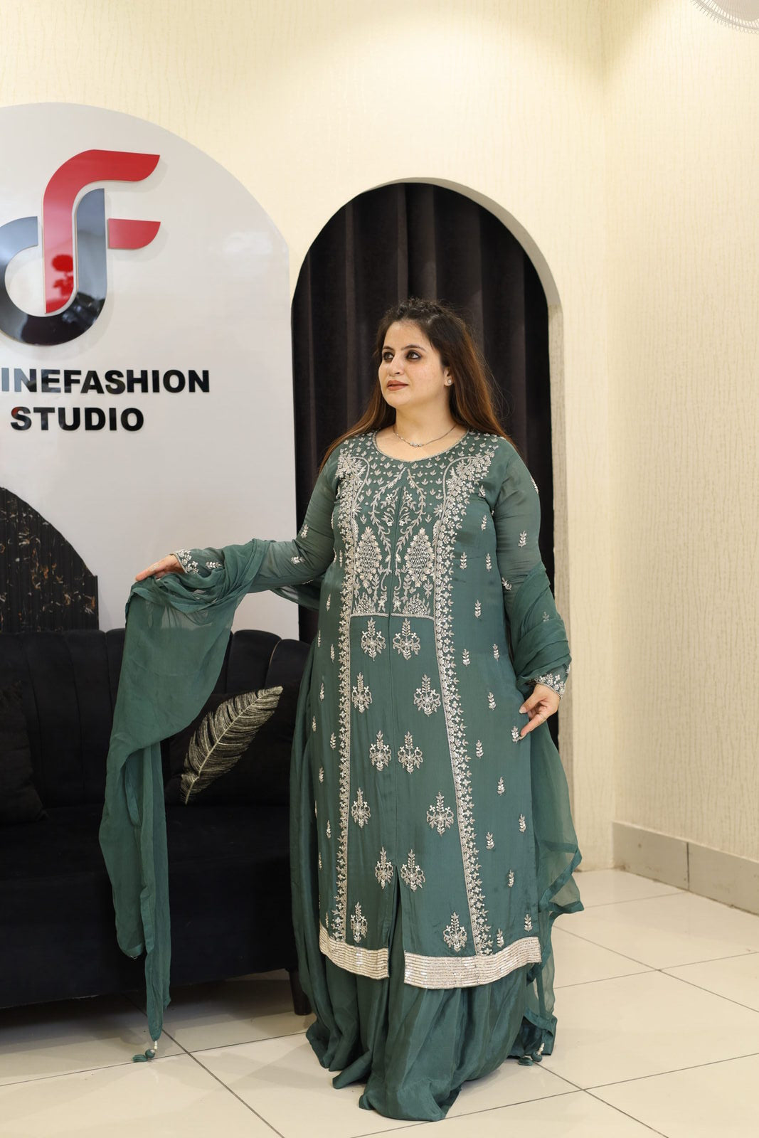 Green Pure Chinon Handwork Anarkali Set