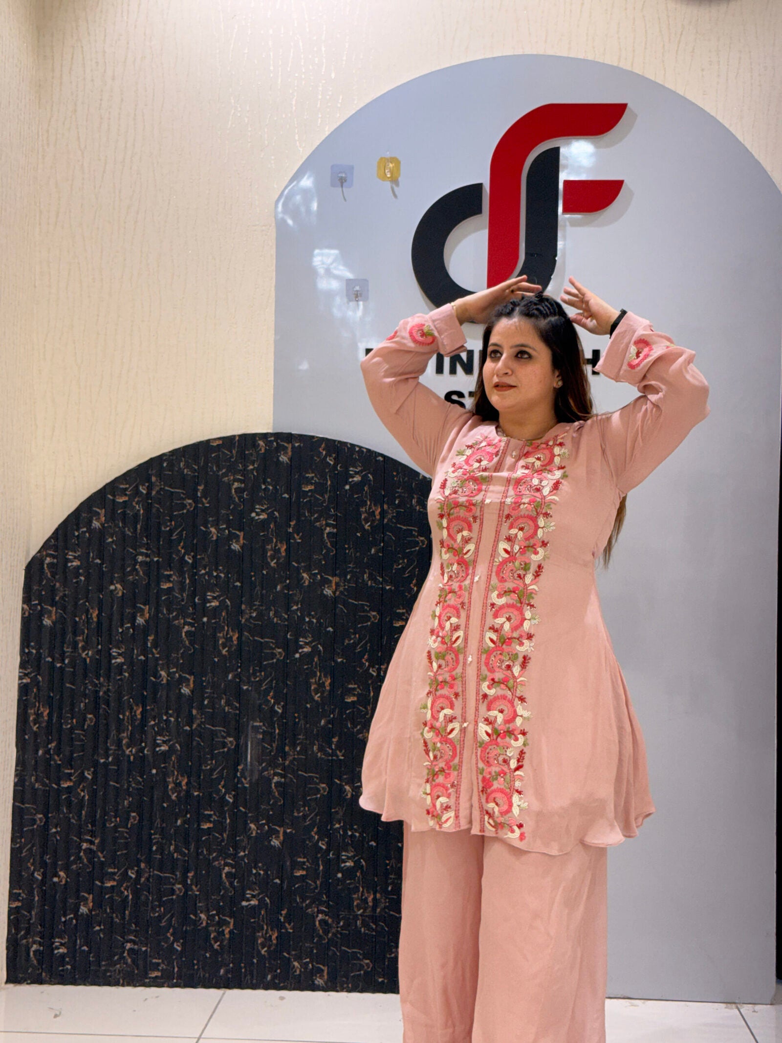 Pink Chinon Embroidered Kurta Set