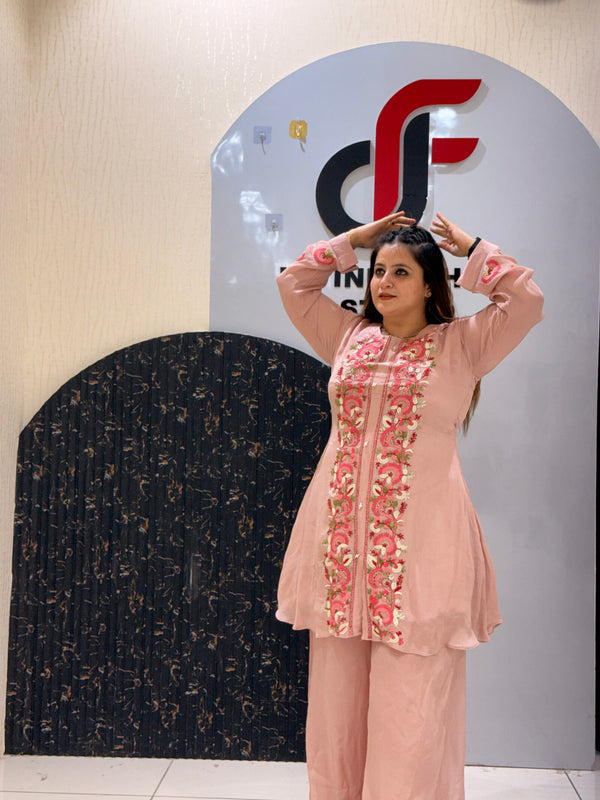 Pink Chinon Embroidered Kurta Set