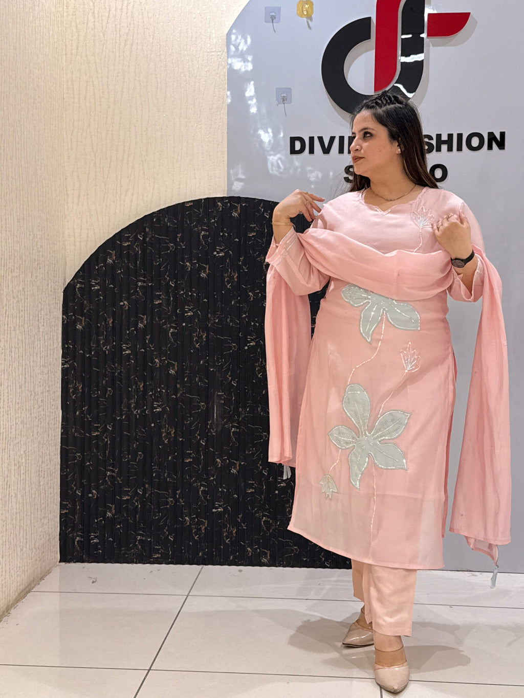 Pastel Pink Mul Chanderi Floral Kurta Set