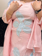 Pink floral embroidered co-ord set with light blue accents and sequins.