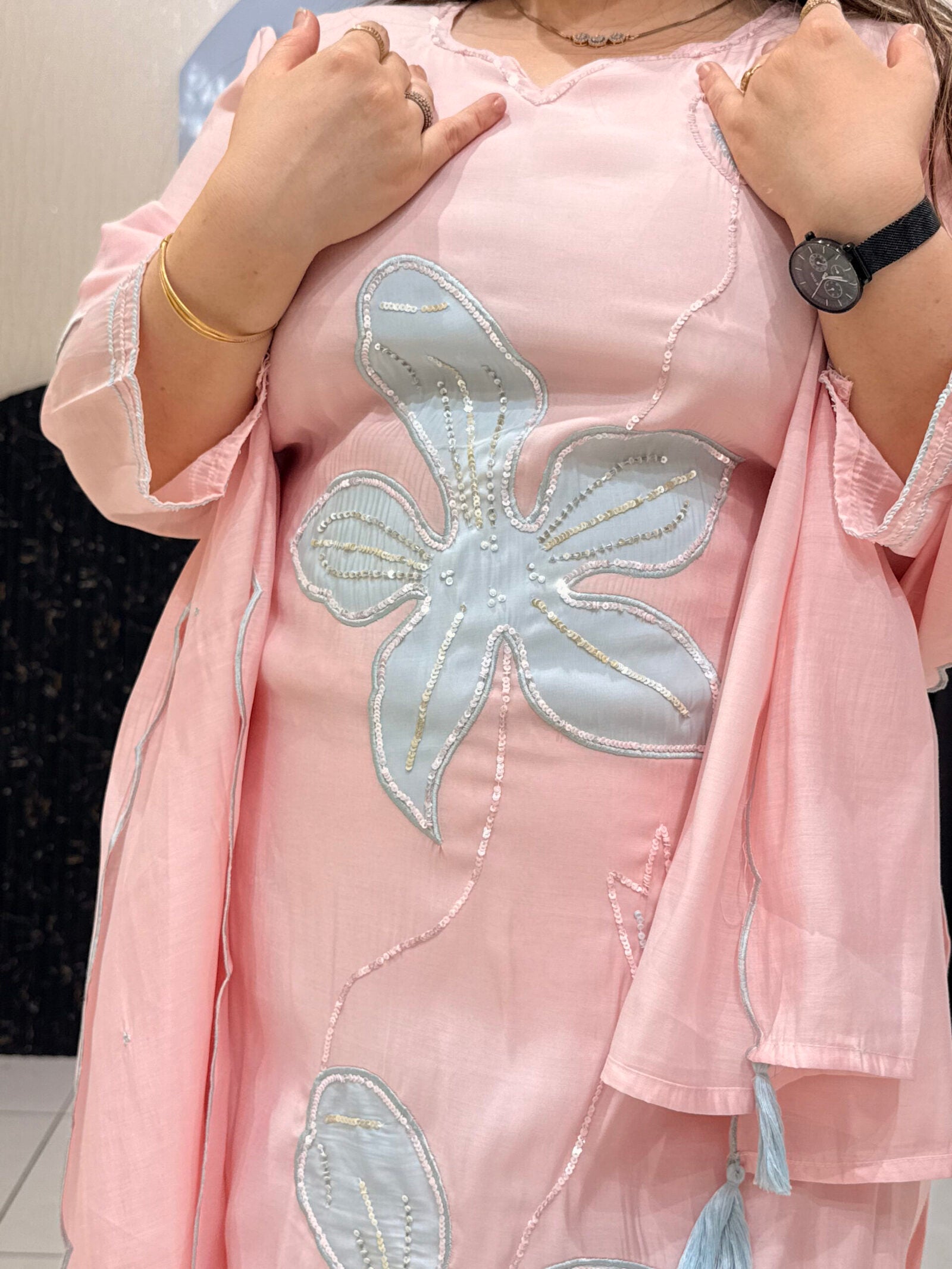 Pink floral embroidered co-ord set with light blue accents and sequins.