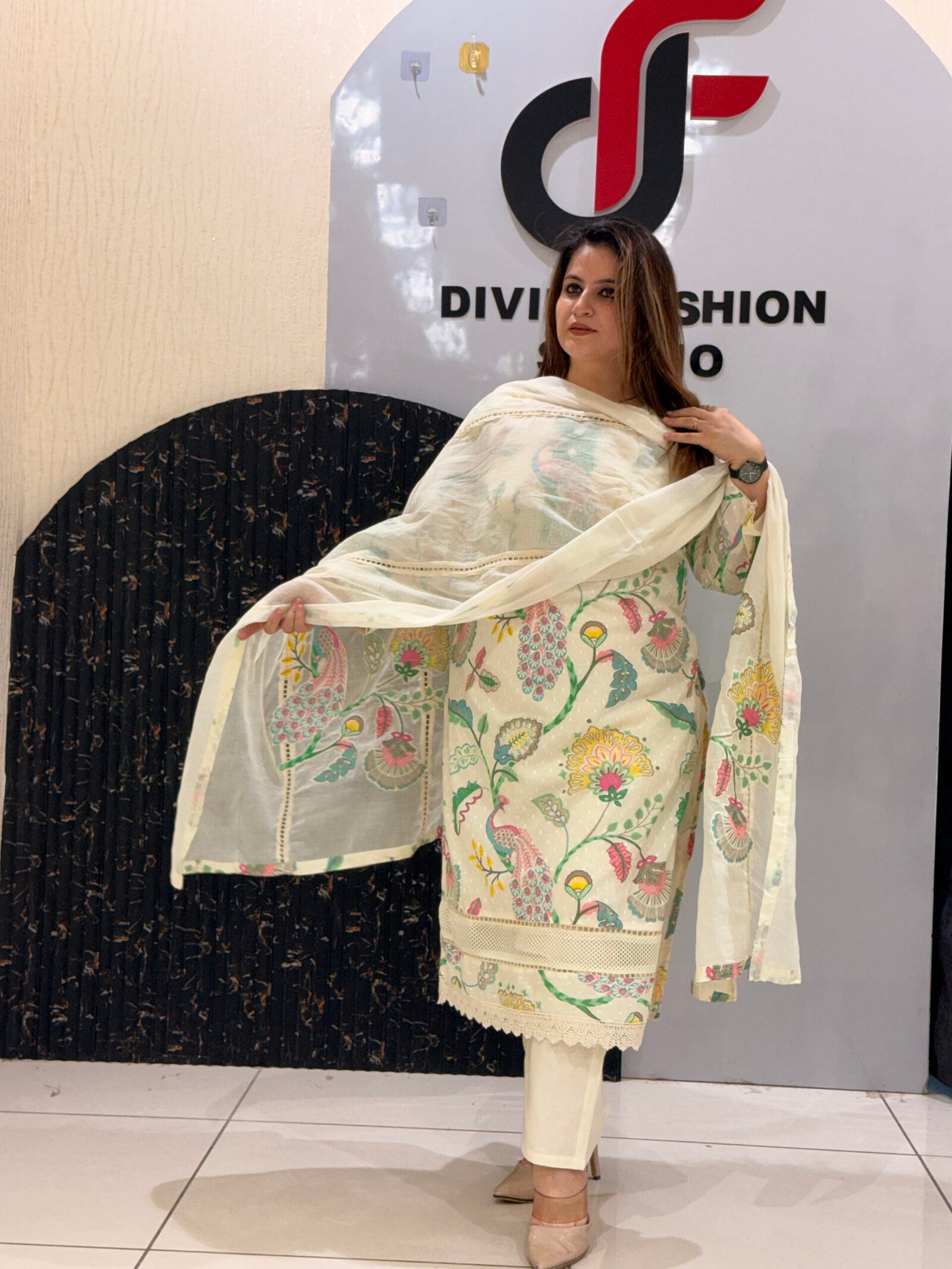 Cream Pure Cotton Floral Kurta Set