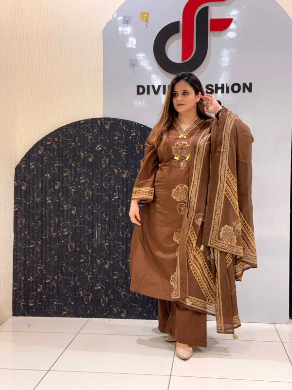 Brown Pure Cotton Embroidered Kurta Set
