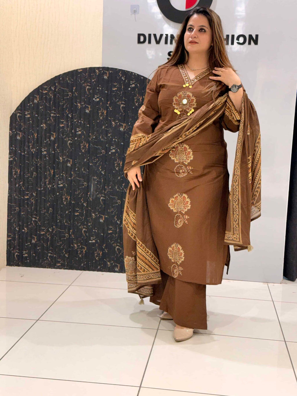 Woman in brown floral embroidered button-down co-ord set with dupatta