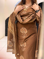 Brown floral embroidered button-down co-ord set with dupatta