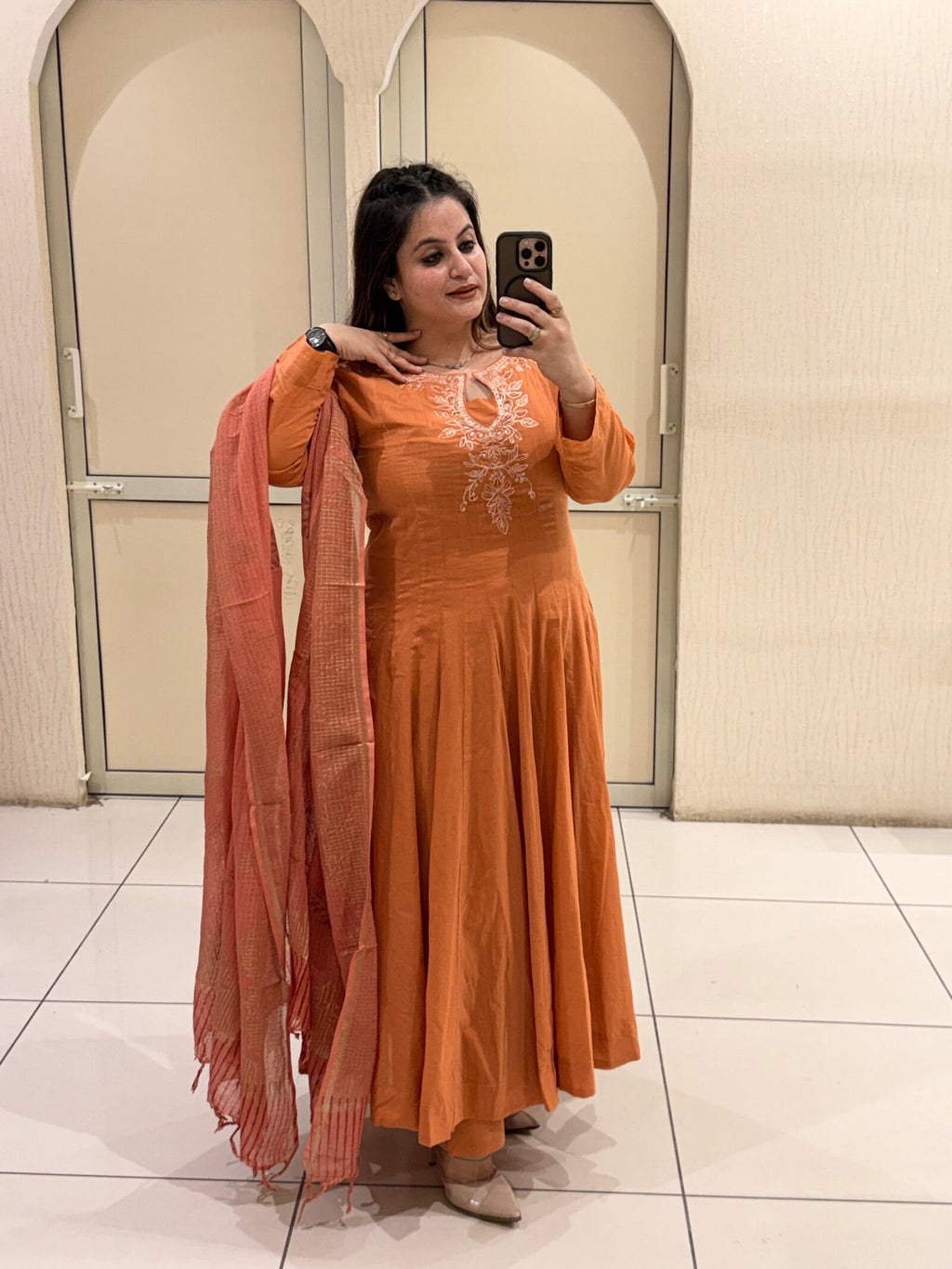 Orange Pure Mul Cotton Anarkali Suit Set