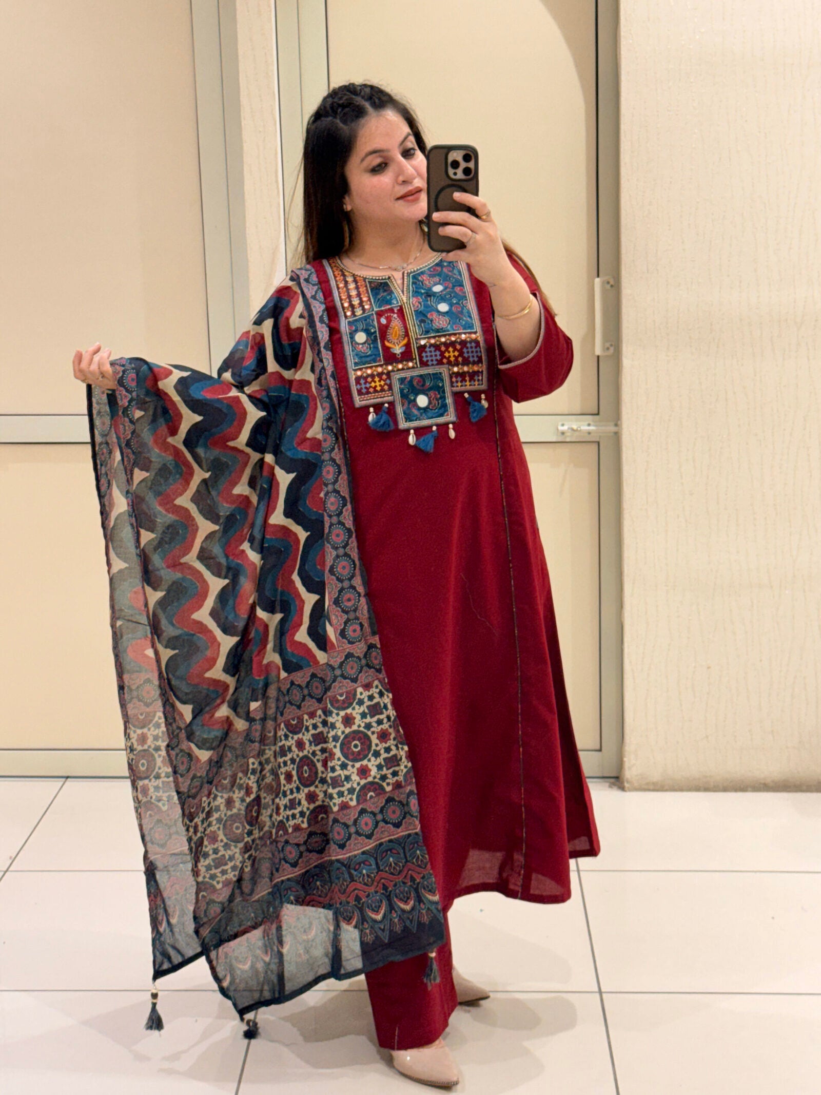 Maroon Pure Cotton Embroidered Suit Set