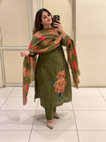 Olive Green Pure Cotton Floral Suit Set
