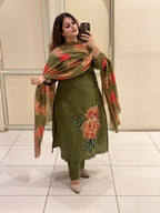 Olive Green Pure Cotton Floral Suit Set