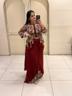 Maroon Pure Fabric Handwork Partywear Dress with Cowl Skirt