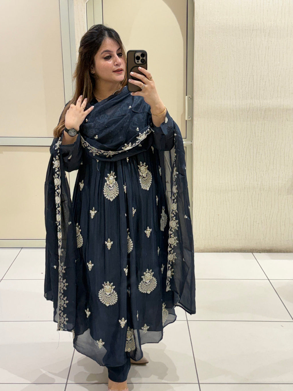 Navy Blue Chinon Thread Embroidered Suit Set