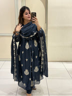 Navy Blue Chinon Thread Embroidered Suit Set