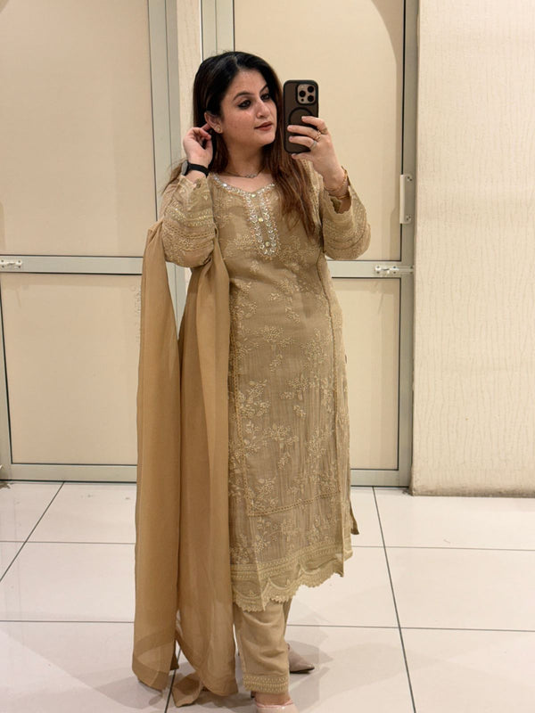 Beige Pure Mul Chanderi Cotton Embroidered 3-Piece Suit
