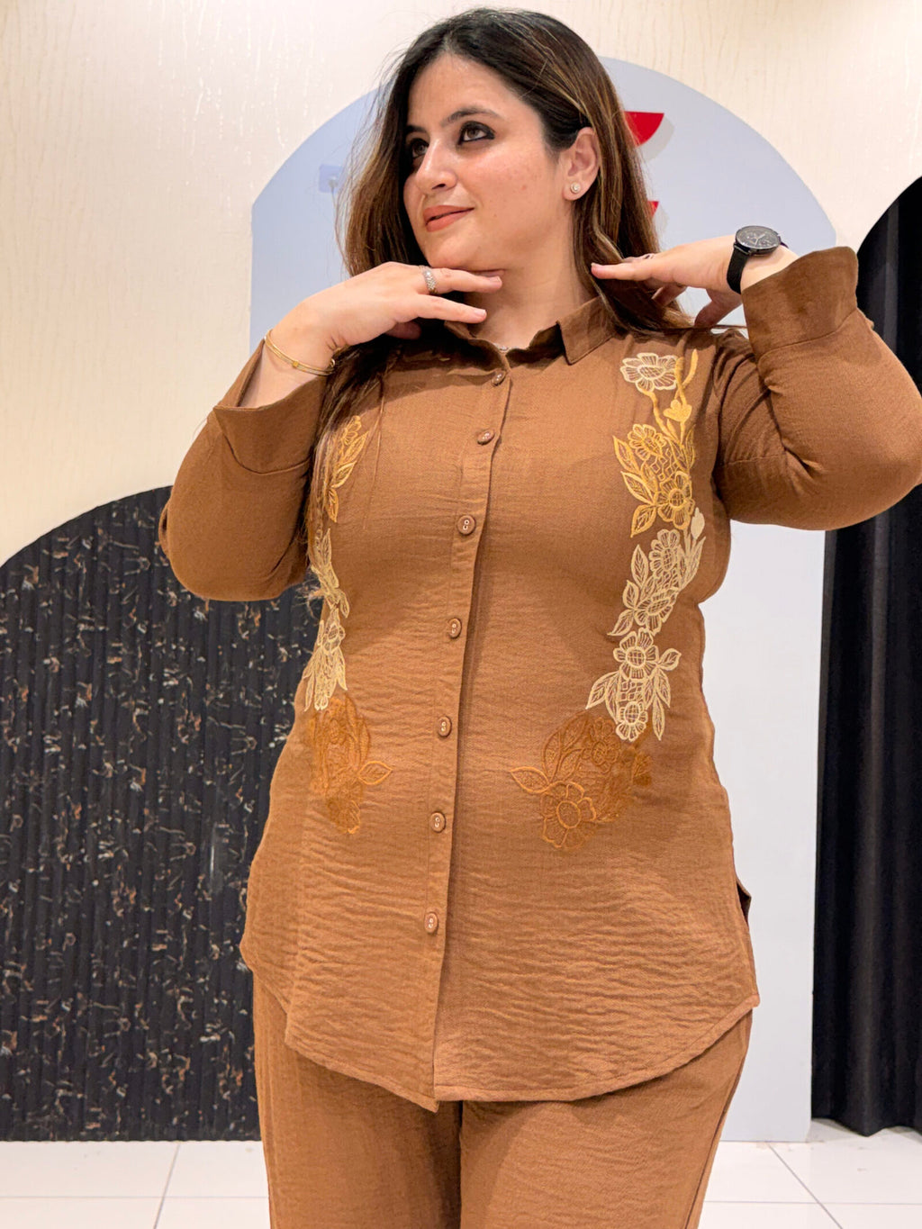Brown Imported Fabric Thread Embroidered Coord Set