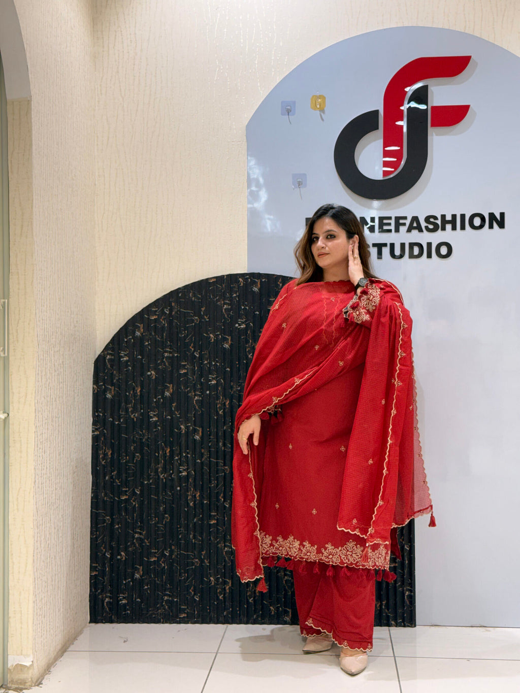 Red Pure Cotton Thread Embroidered Suit with Kota Doria Dupatta