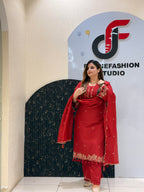 Red Pure Cotton Thread Embroidered Suit with Kota Doria Dupatta