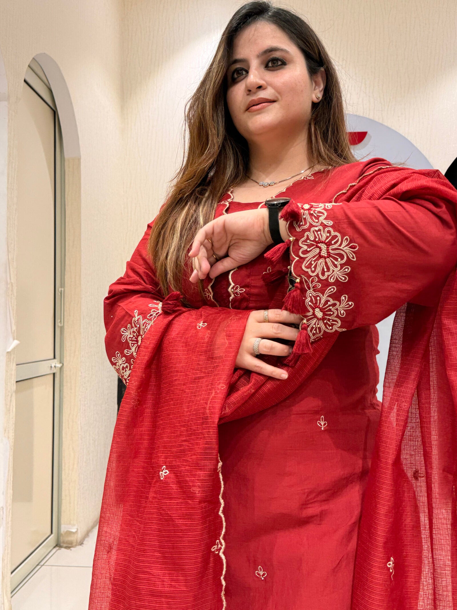 Red Pure Cotton Thread Embroidered Suit with Kota Doria Dupatta