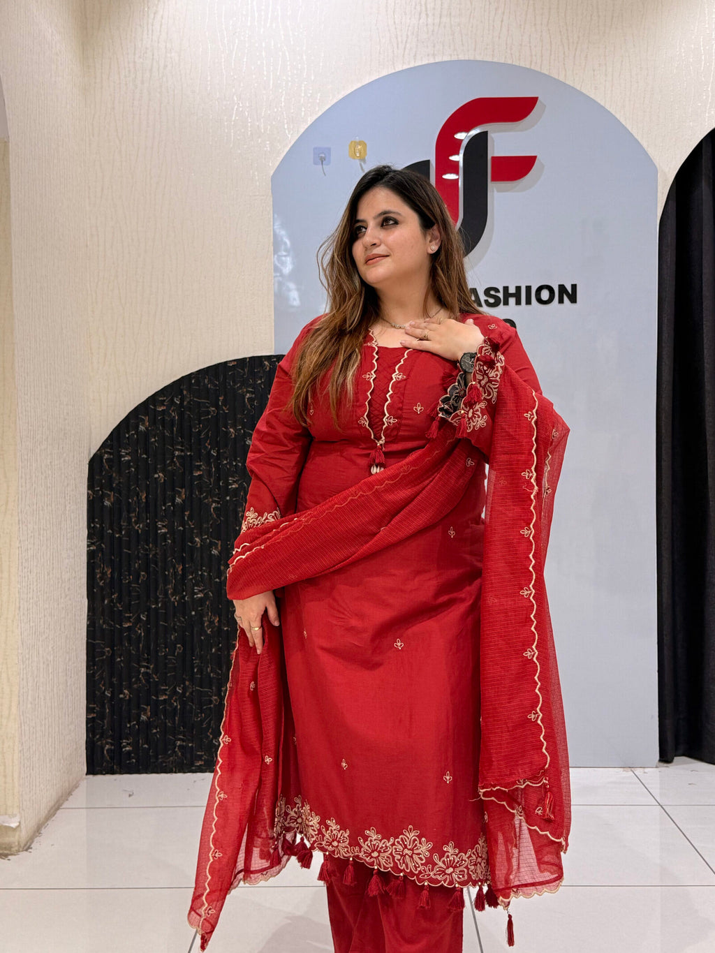 Red Pure Cotton Thread Embroidered Suit with Kota Doria Dupatta
