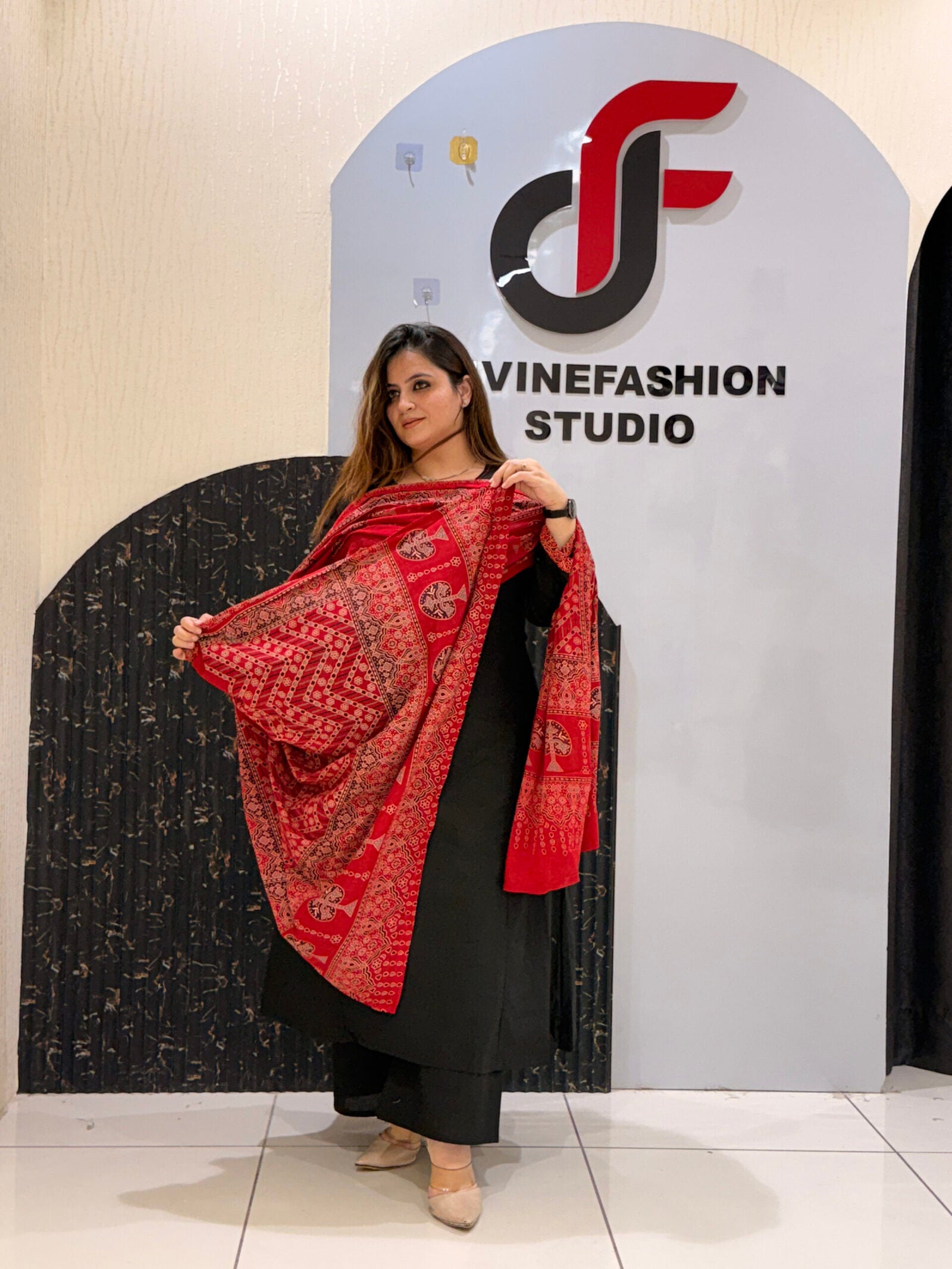 Black Pure Cotton A-Line Suit with Red Printed Dupatta