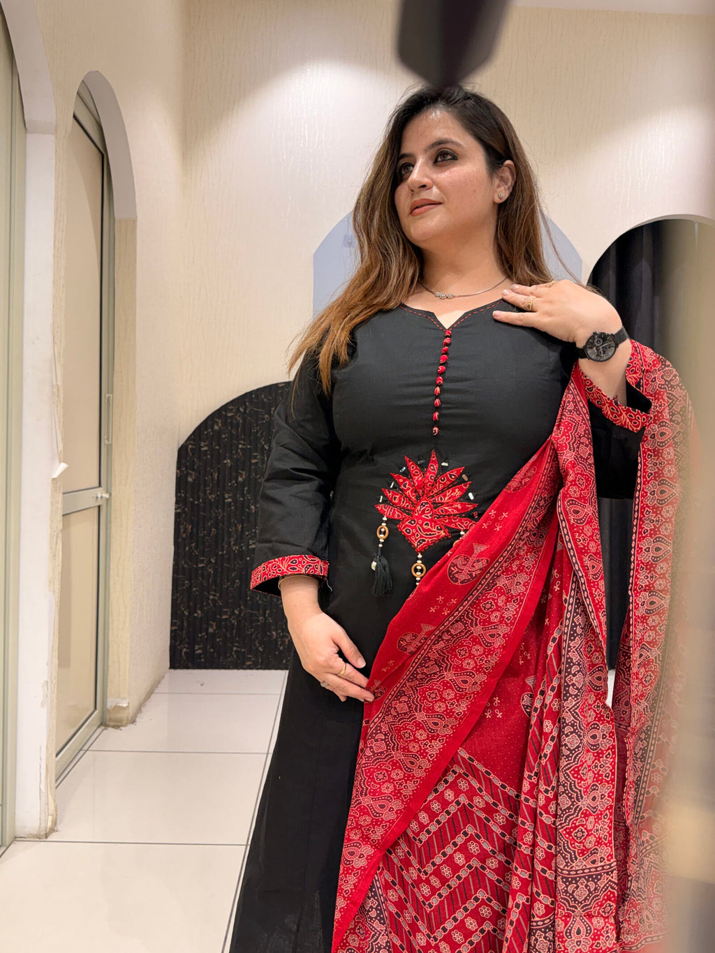 Black Pure Cotton A-Line Suit with Red Printed Dupatta
