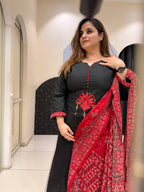Black Pure Cotton A-Line Suit with Red Printed Dupatta