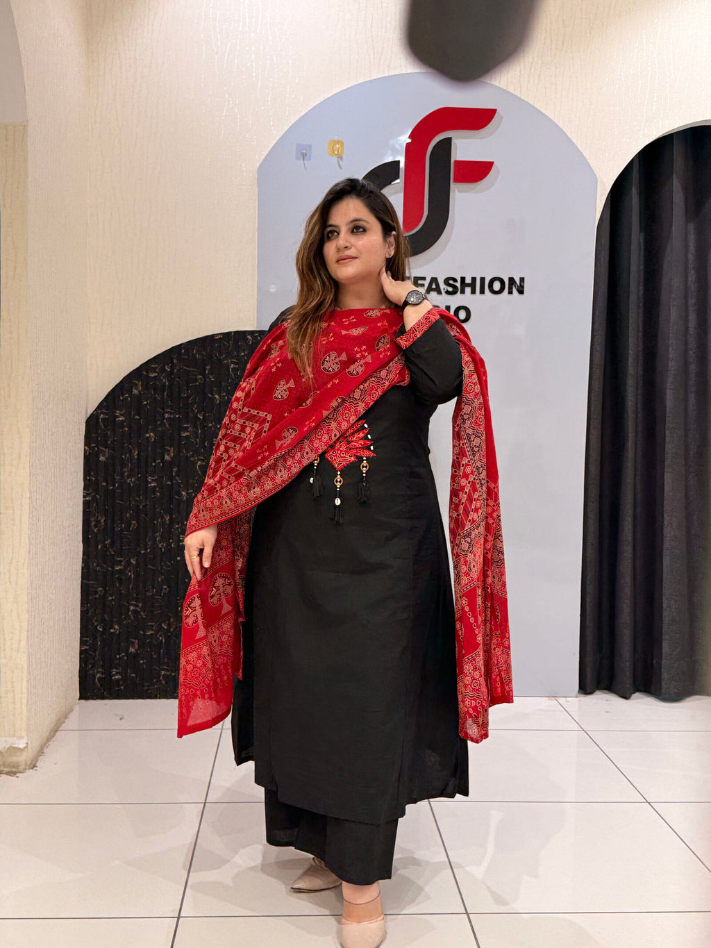 Black Pure Cotton A-Line Suit with Red Printed Dupatta