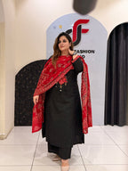 Black Pure Cotton A-Line Suit with Red Printed Dupatta