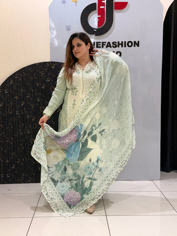 Pastel Green Pure Cotton Pakistani Suit with Thread Embroidery