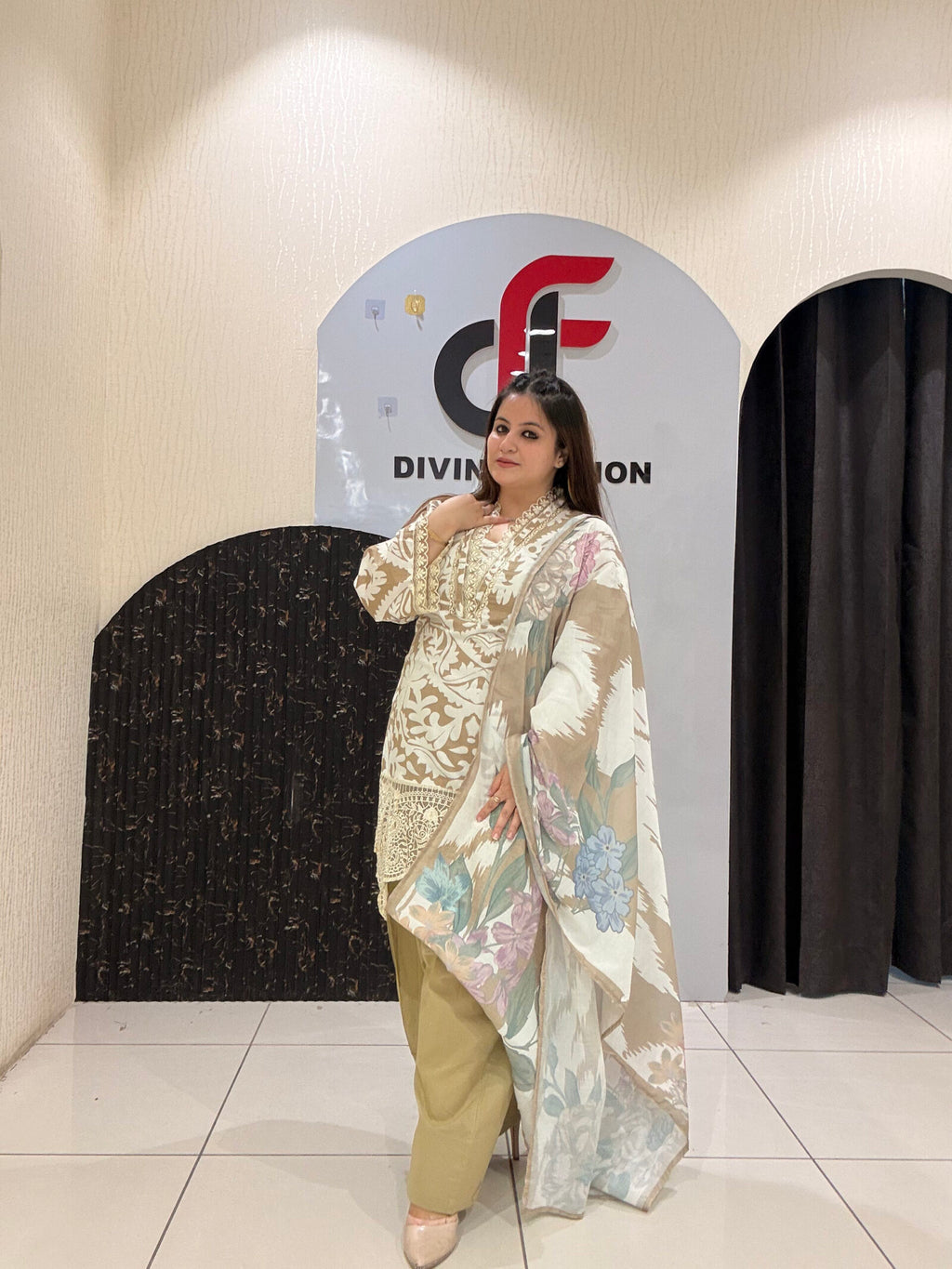 Cream Pure Cotton Embroidered Suit with Farsi Salwar