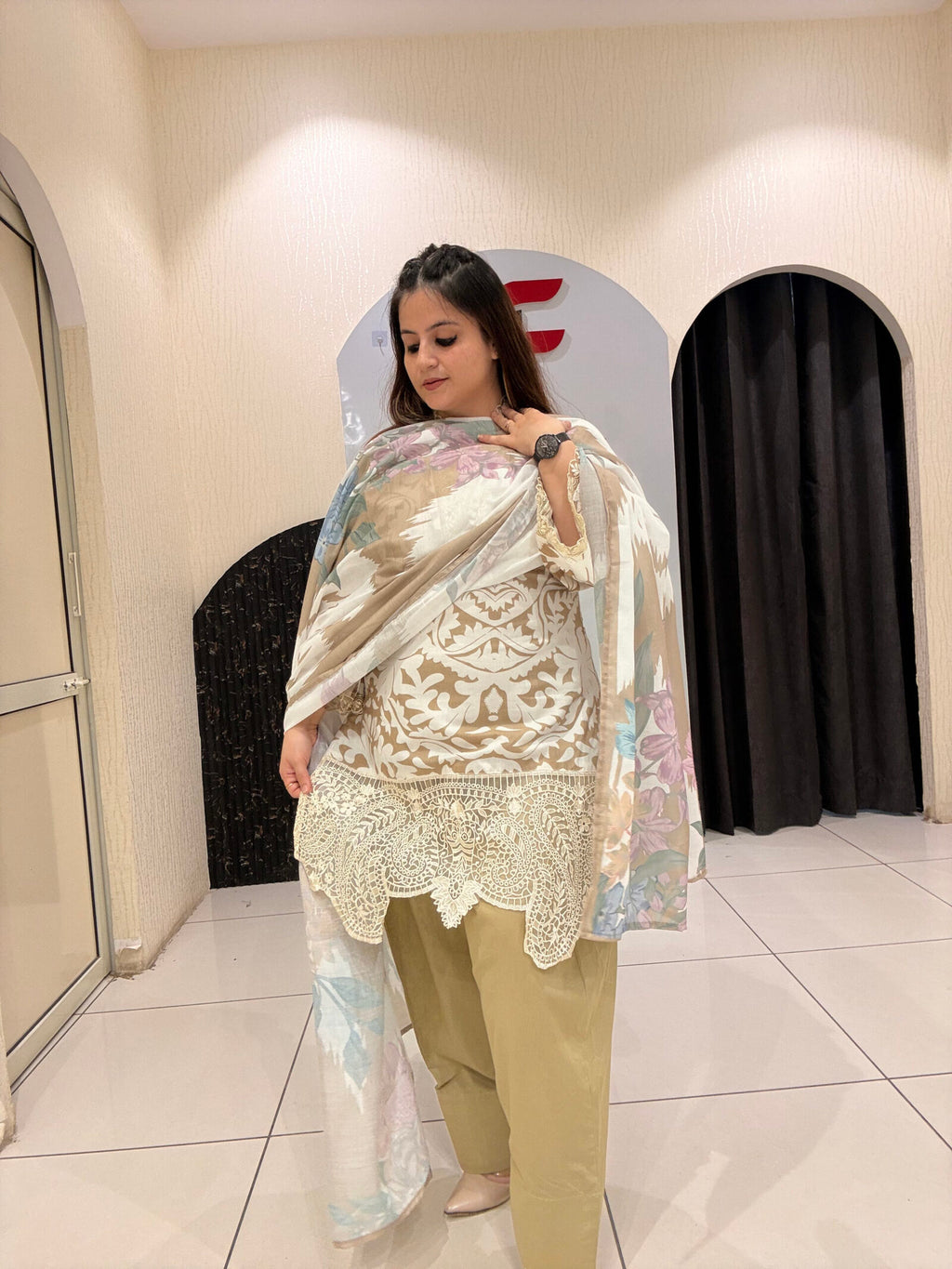 Cream Pure Cotton Embroidered Suit with Farsi Salwar