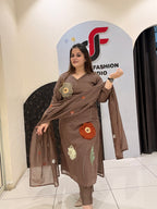 Brown Mul Chanderi Cotton Floral Embroidered Suit Set