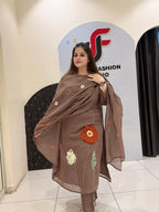 Brown Mul Chanderi Cotton Floral Embroidered Suit Set