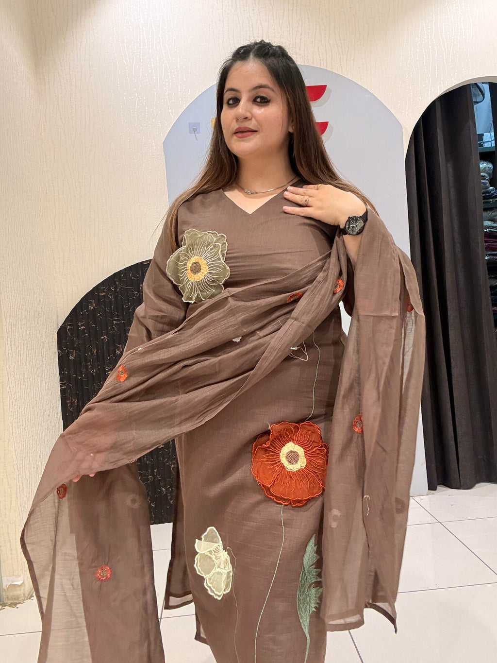 Brown Mul Chanderi Cotton Floral Embroidered Suit Set