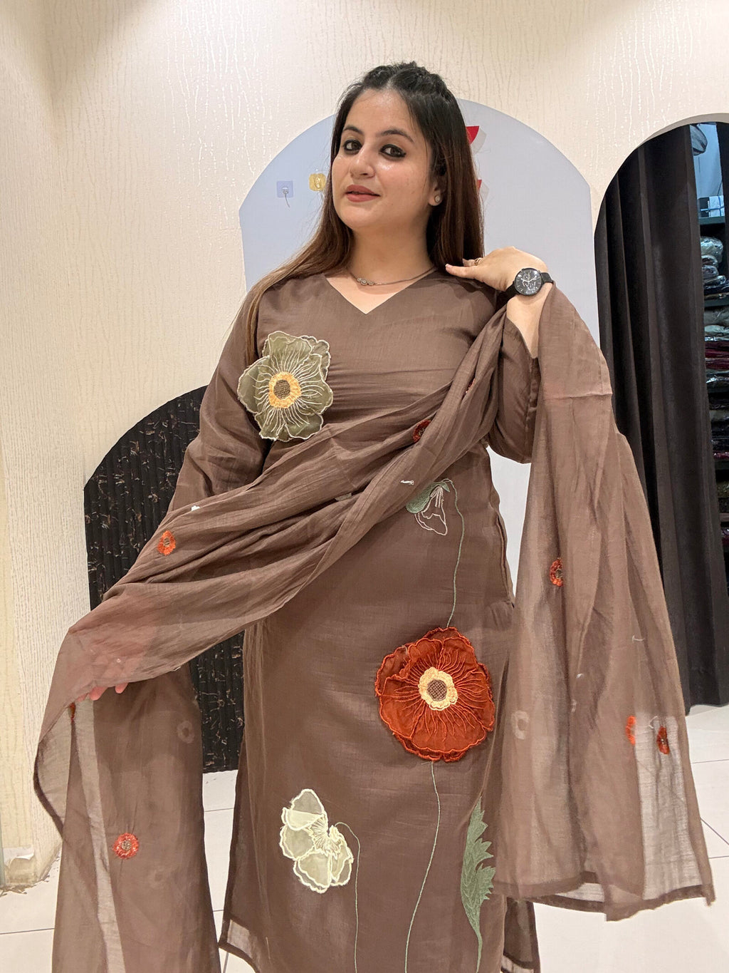 Brown Mul Chanderi Cotton Floral Embroidered Suit Set