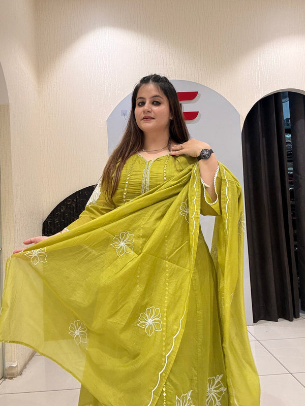 Lime Green Mul Chanderi Embroidered Suit Set