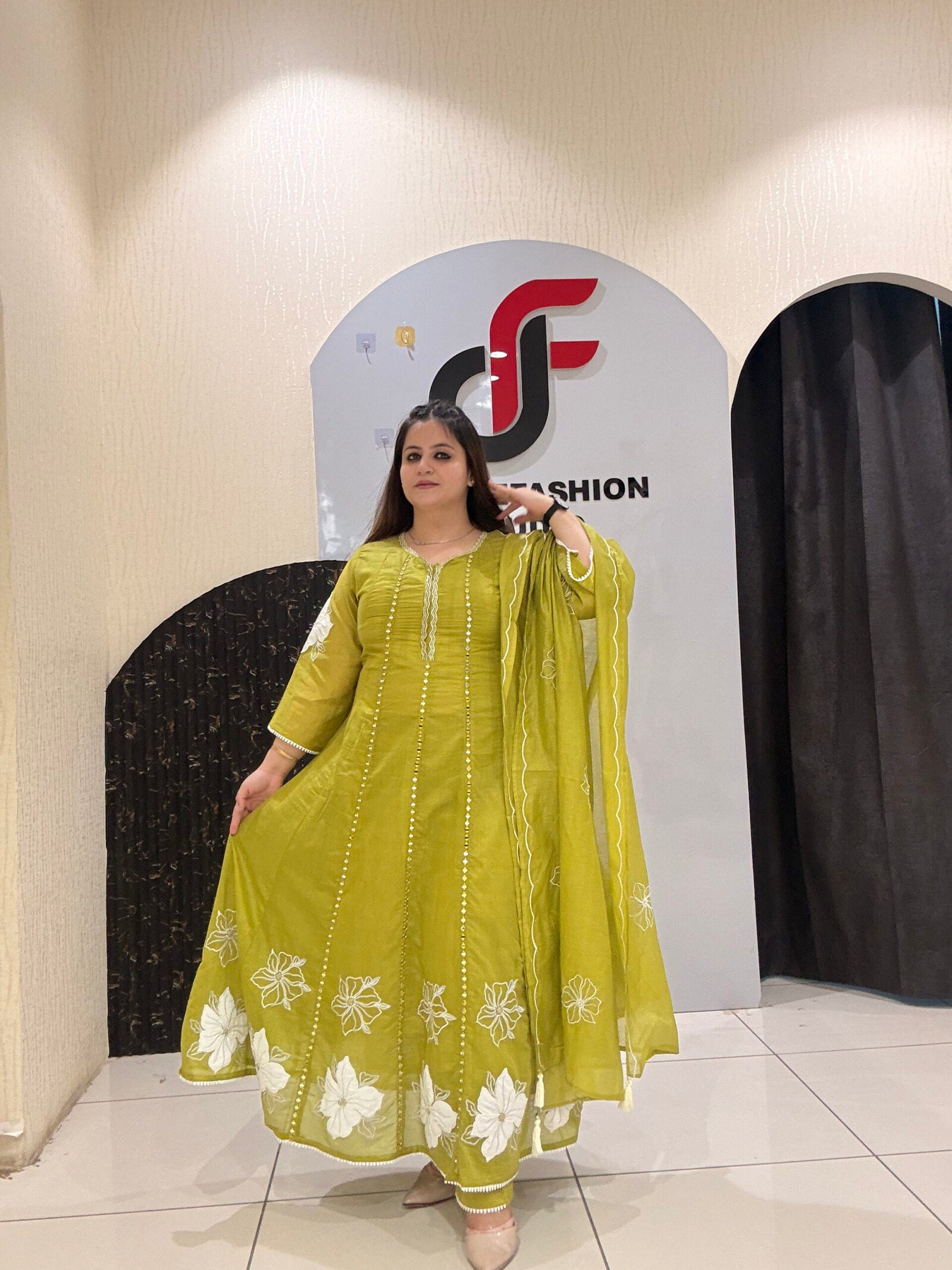 Lime Green Mul Chanderi Embroidered Suit Set