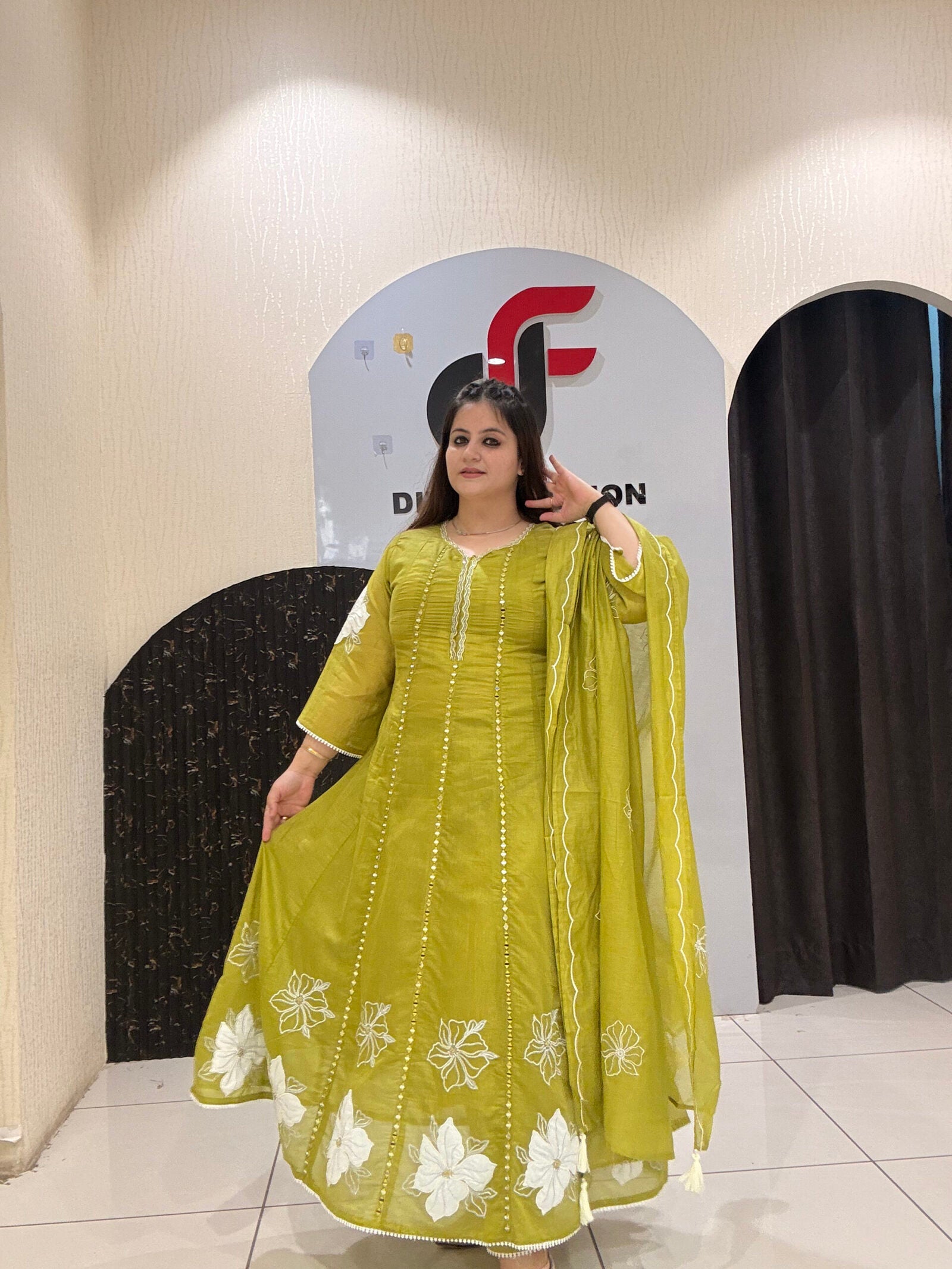 Lime Green Mul Chanderi Embroidered Suit Set