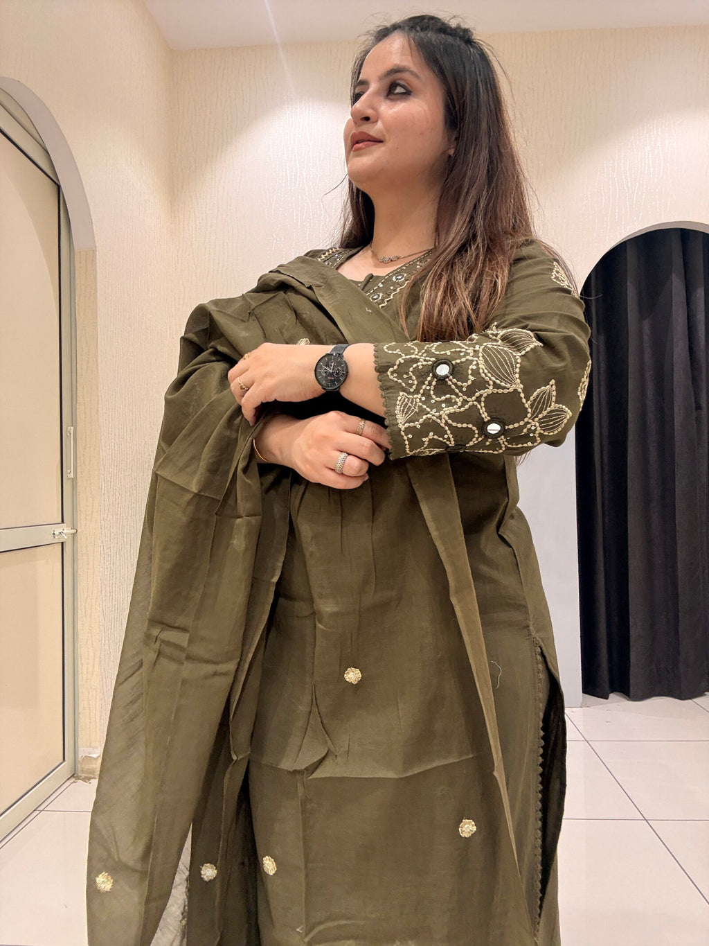 Olive Green Pure Cotton Thread Embroidered Suit Set