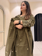 Olive Green Pure Cotton Thread Embroidered Suit Set