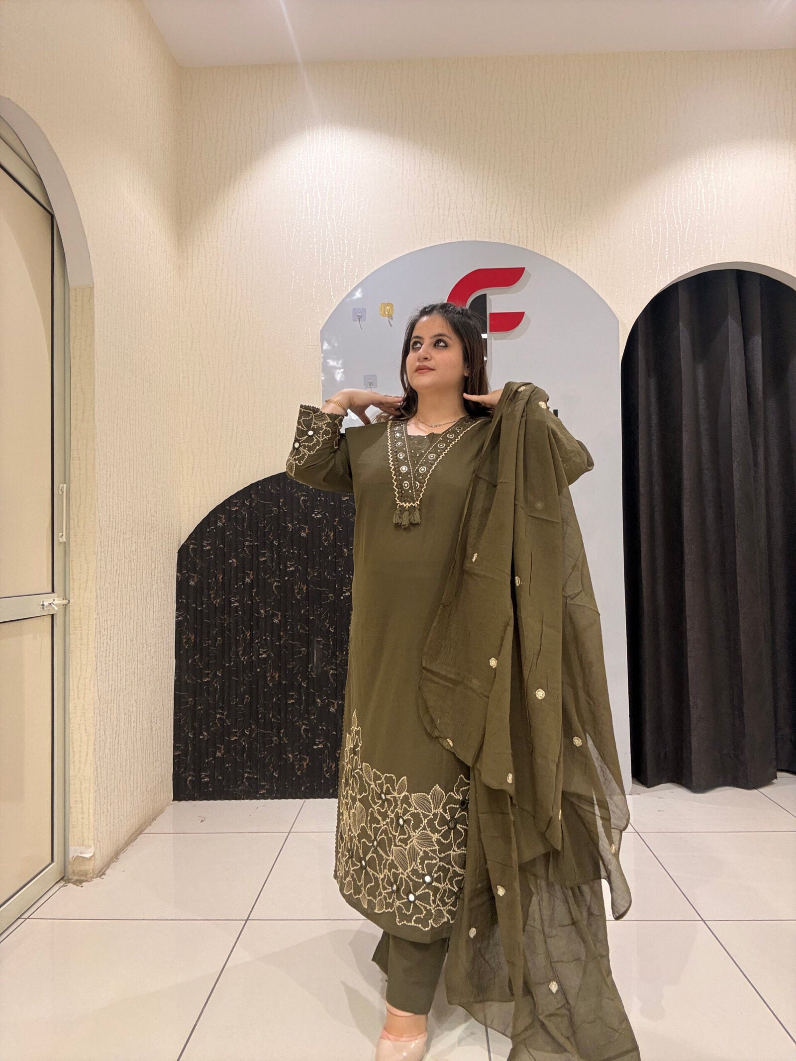 Olive Green Pure Cotton Thread Embroidered Suit Set