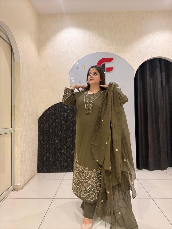 Olive Green Pure Cotton Thread Embroidered Suit Set