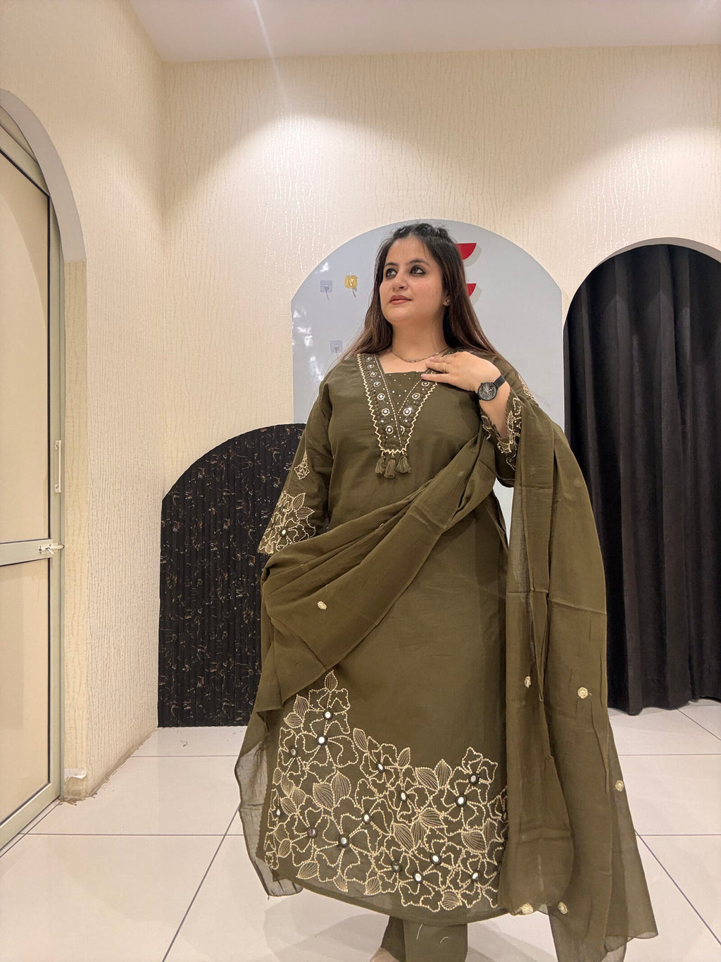 Olive Green Pure Cotton Thread Embroidered Suit Set